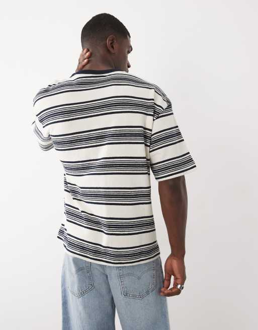 ASOS COLLECTIVE - T-shirt oversize pesante testurizzata a righe écru e blu navy, 5 di 7