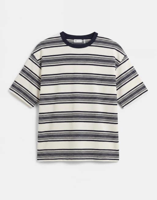 ASOS COLLECTIVE - T-shirt oversize pesante testurizzata a righe écru e blu navy, 6 di 7