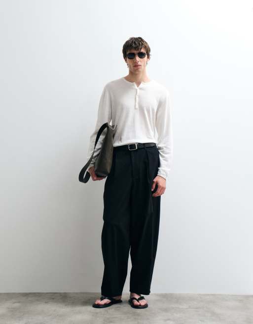 ASOS COLLECTIVE - T-shirt serafino comoda a maniche lunghe in misto lino écru, 5 di 5
