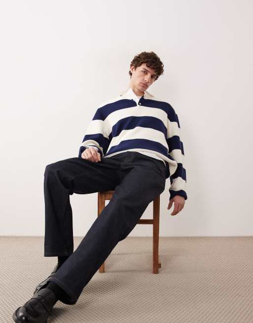 ASOS COLLECTIVE – Vit och marinblå, kraftig rugbytröja i oversize med randigt mönster , 3 av 7