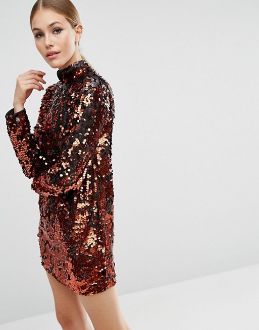 ASOS | ASOS Copper Sequin High Neck Shift Mini Dress