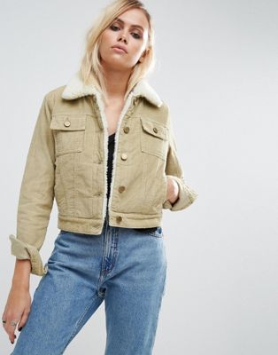 ASOS Cord Cropped Jacket in Stone with Borg Lining and Collar