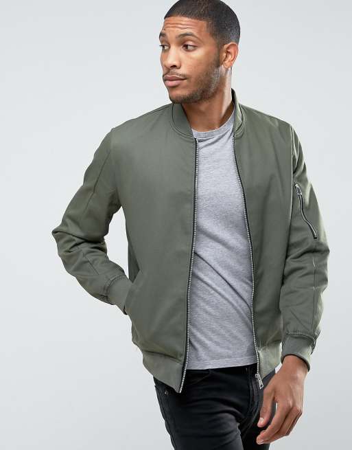 ASOS Cotton Bomber Jacket With Sleeve Zip In Khaki