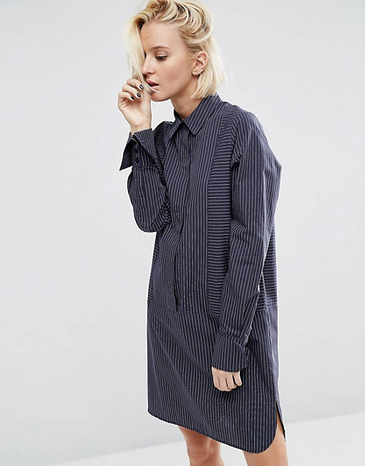 ASOS Cotton Shirt Dress with Oversized Cuff in Pinstripe