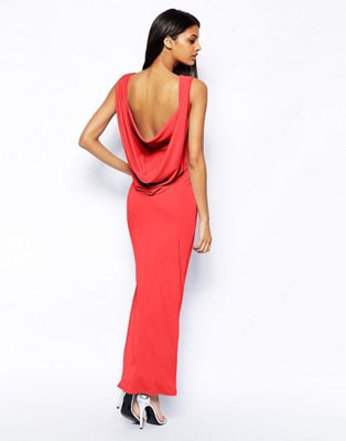 red cowl back dress