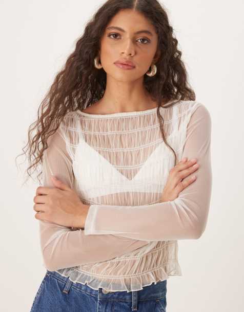 ASOS - Cremefarvet og langærmet top i tylmesh med rynker - view 1