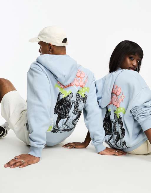 ASOS – Crooked Tongues – Niebieska bluza unisex oversize z kapturem i nadrukiem
