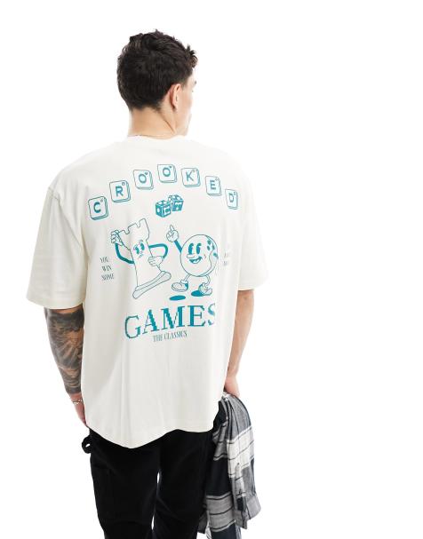 ASOS Crooked Tongues premium oversized t-shirt in beige with cartoon back print - view 1