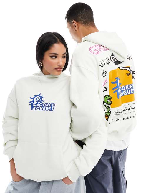 ASOS Crooked Tongues - Sweat à capuche oversize avec imprimé devant et au dos - Blanc cassé