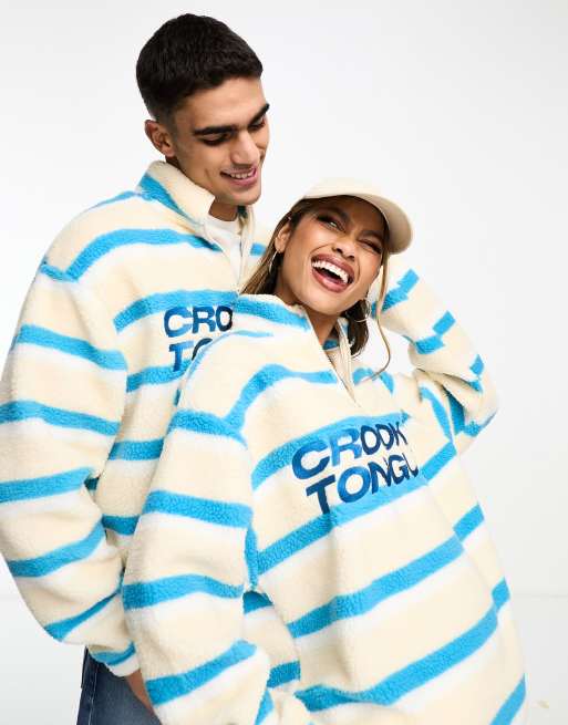 ASOS - Crooked Tongues - Sweat unisexe oversize à col zippé et broderie devant à rayures effet imitation peau de mouton