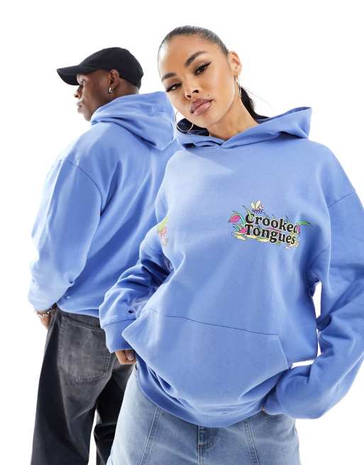 ASOS – CROOKED TONGUES – Unisex-Kapuzenpullover in Blau mit Oversize-Schnitt und Print