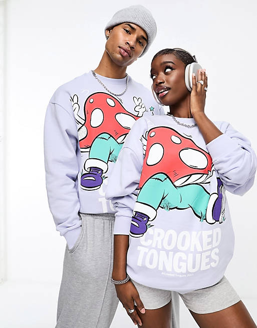 ASOS CROOKED TONGUES unisex oversized sweatshirt in lilac with print | ASOS