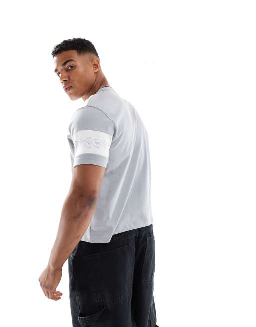 ASOS cropped boxy oversized tshirt with sports graphic and paneling in gray, 3 of 4