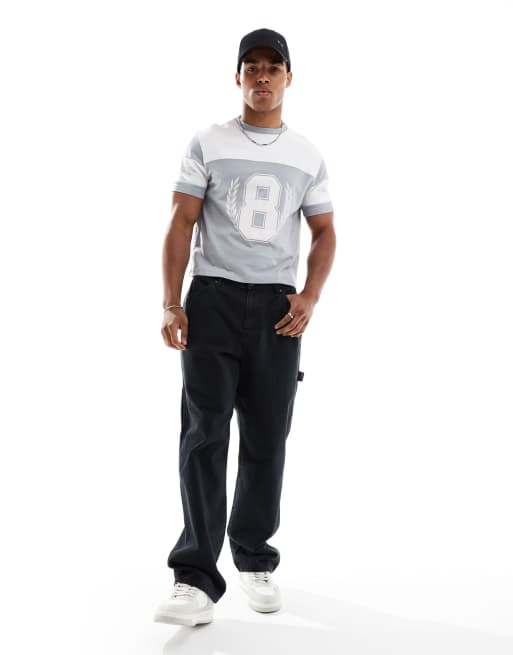 ASOS cropped boxy oversized tshirt with sports graphic and panelling in grey, 2 of 4