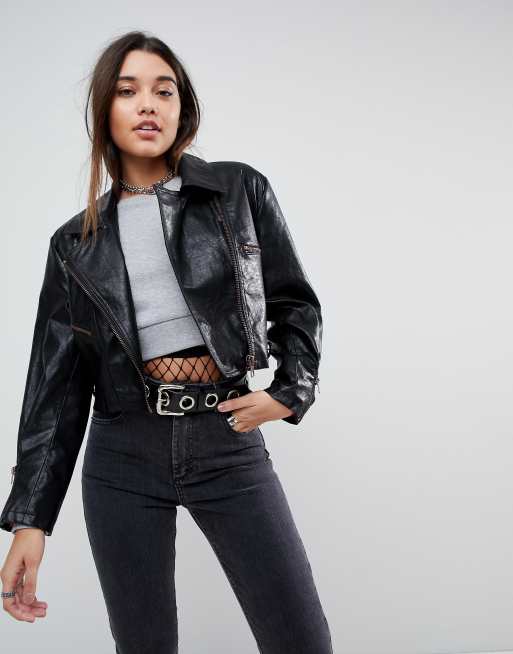 Asos cropped leather on sale jacket