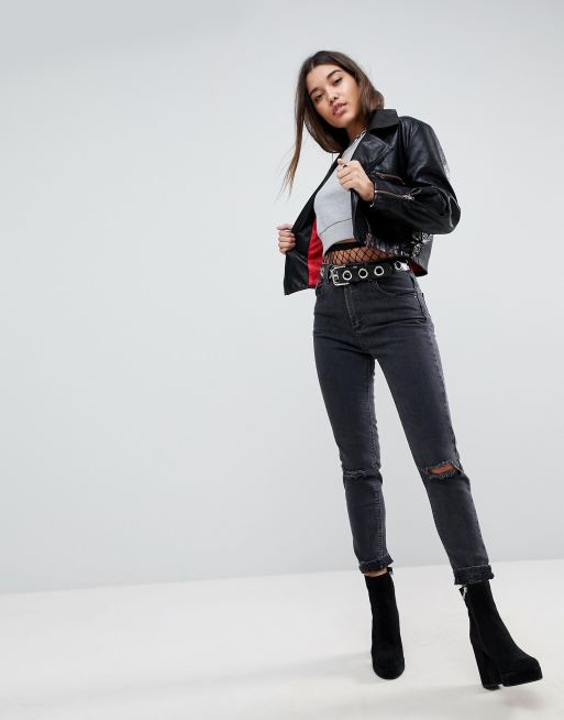 ASOS Cropped Leather Biker in Black, ASOS