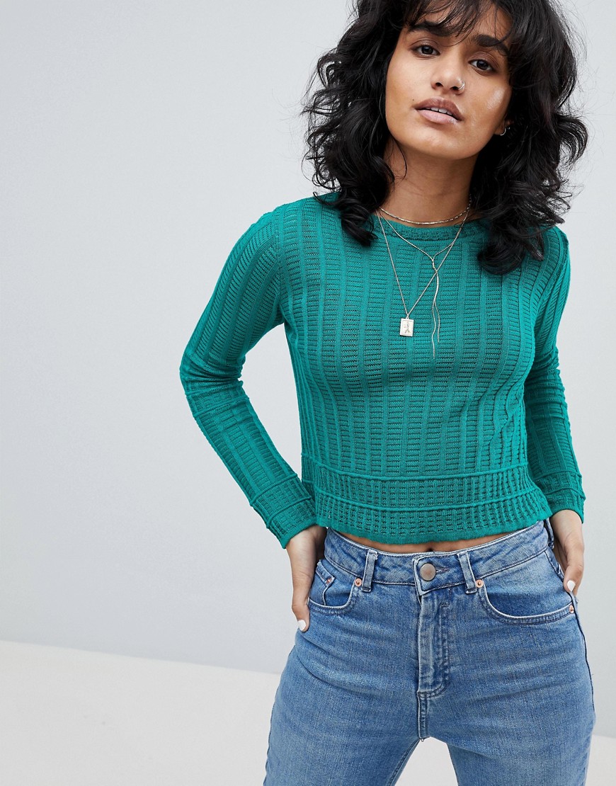 ASOS Cropped Sweater in Fine Mesh Stitch-Green