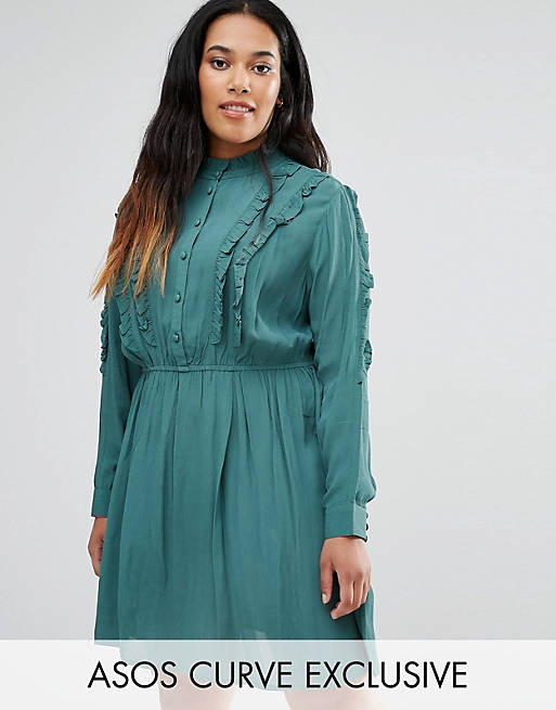 ASOS CURVE Button Down Skater Dress with Ruffles