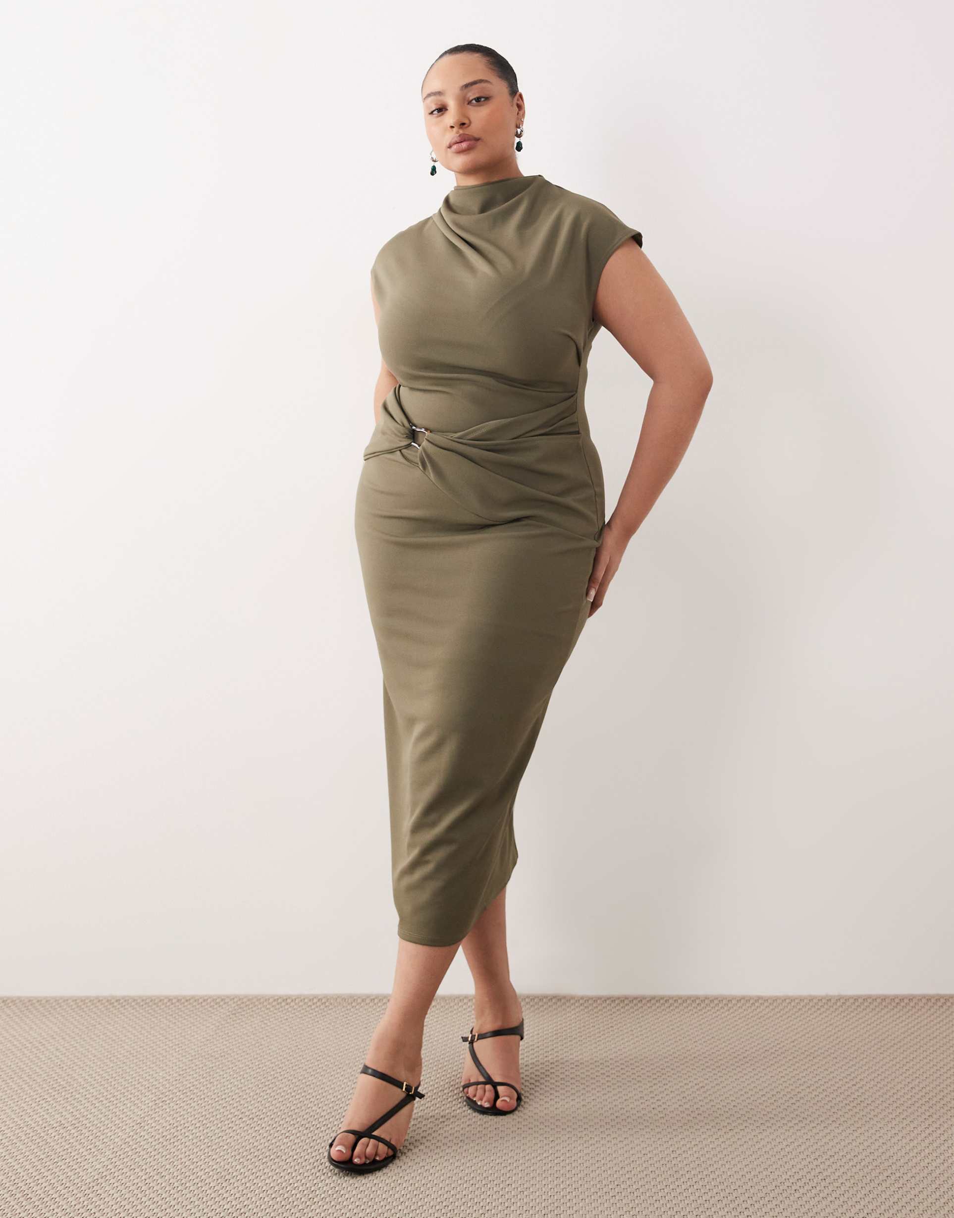 asos curve cap sleeve wrap trim midi dress in khaki green