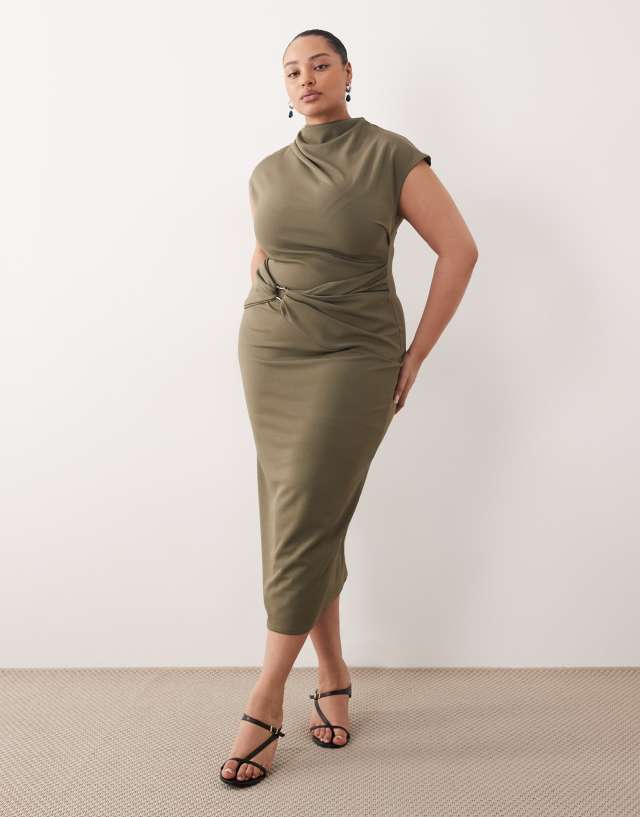 ASOS Curve cap sleeve wrap trim midi dress in khaki green