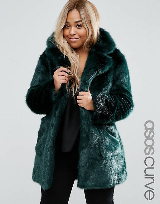 Asos Curve Coat In Green Plush Faux Fur, Asos Plus Size Faux Fur Coat
