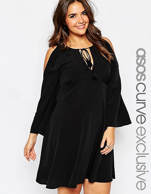 ASOS CURVE Cold Shoulder Babydoll Dress With Tassles | ASOS