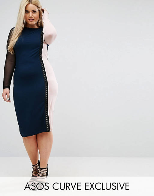 ASOS CURVE Color Block Midi Dress with Mesh Sleeve