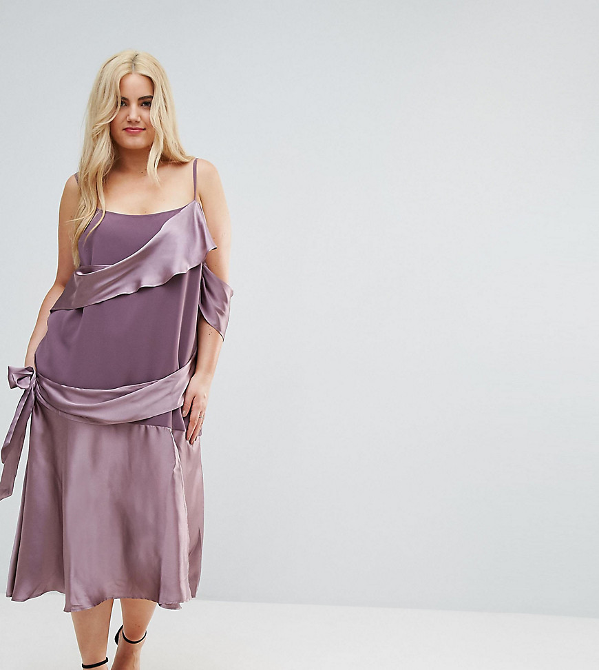 ASOS CURVE Colourblock Satin Midi Dress with Tie Detail-Purple