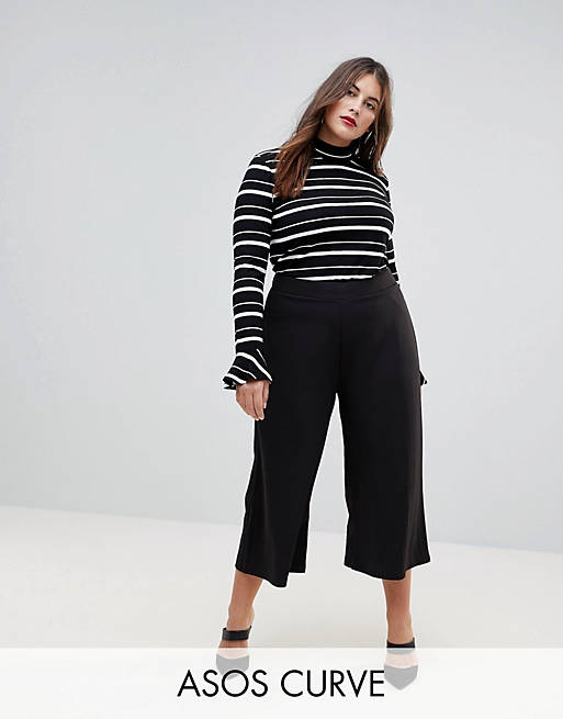 ASOS CURVE Cropped Black Wide Leg Trousers in Jersey Crepe