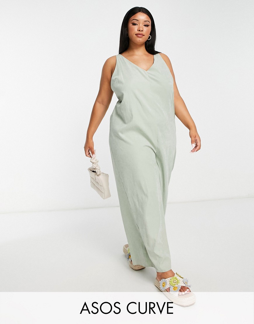 ASOS Curve cupro ring back detail overalls in sage-Green