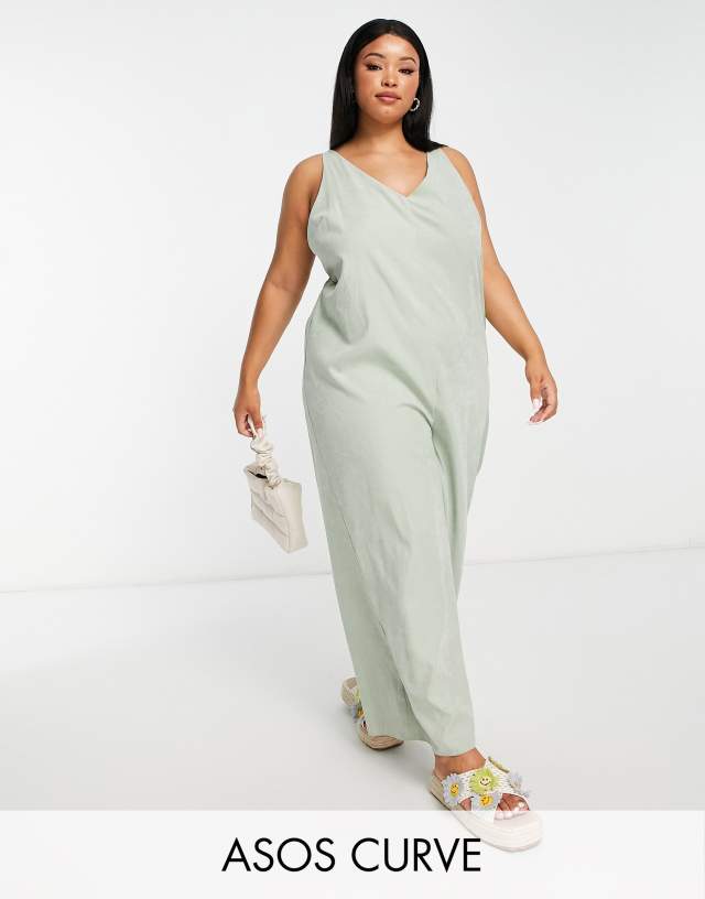 ASOS Curve cupro ring back detail overalls in sage