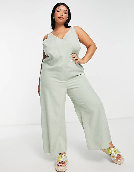 Asos Women Clothing Dungarees Cupro ring back detail overalls in sage 