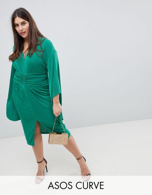 ASOS CURVE Deep Plunge Slinky Kimono Midi Dress-Green