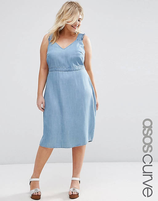 ASOS CURVE Denim Waisted Midi Dress with Frill Sleeves