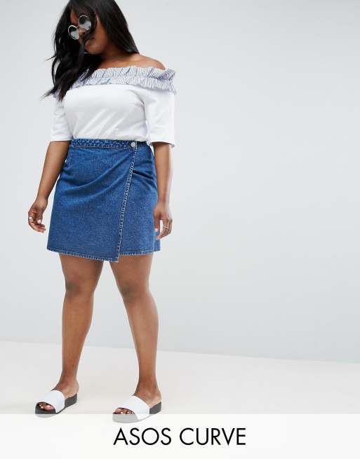 ASOS CURVE Denim Wrap Skirt in Midwash Blue | ASOS