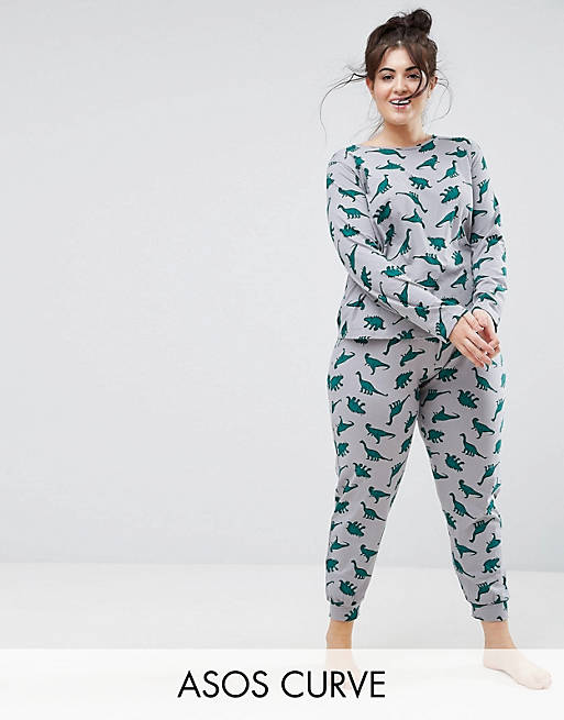 lettergreep variabel bizon ASOS CURVE Dino Print Long Sleeve Tee & PANTS Pajama Set | ASOS