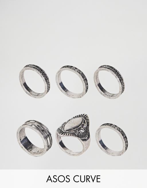 ASOS CURVE Exclusive Pack of 6 Engraved Ring Pack