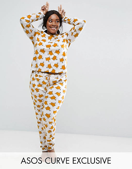 ASOS CURVE Fox Print Long Sleeve Tee & Pajama Pant Set