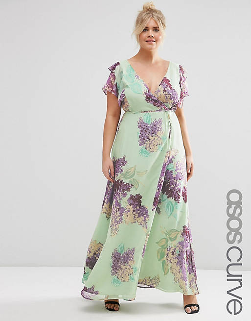 ASOS CURVE Frill Wrap Maxi Dress with Hydrangea Print