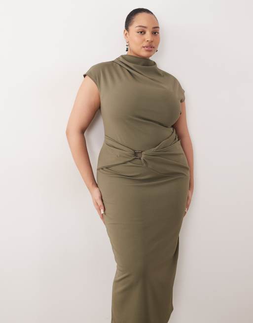 ASOS Curve – Kakigrön midiklänning med holkärmar och omlottdetalj, 3 av 4