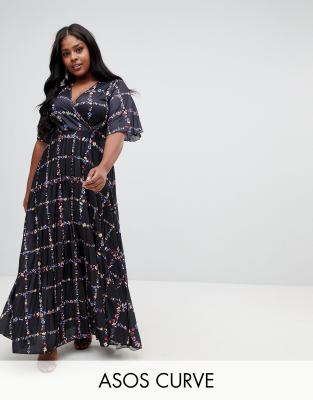 asos design curve kimono pleated maxi skater dress