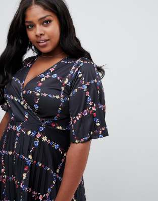 asos design curve kimono pleated maxi skater dress