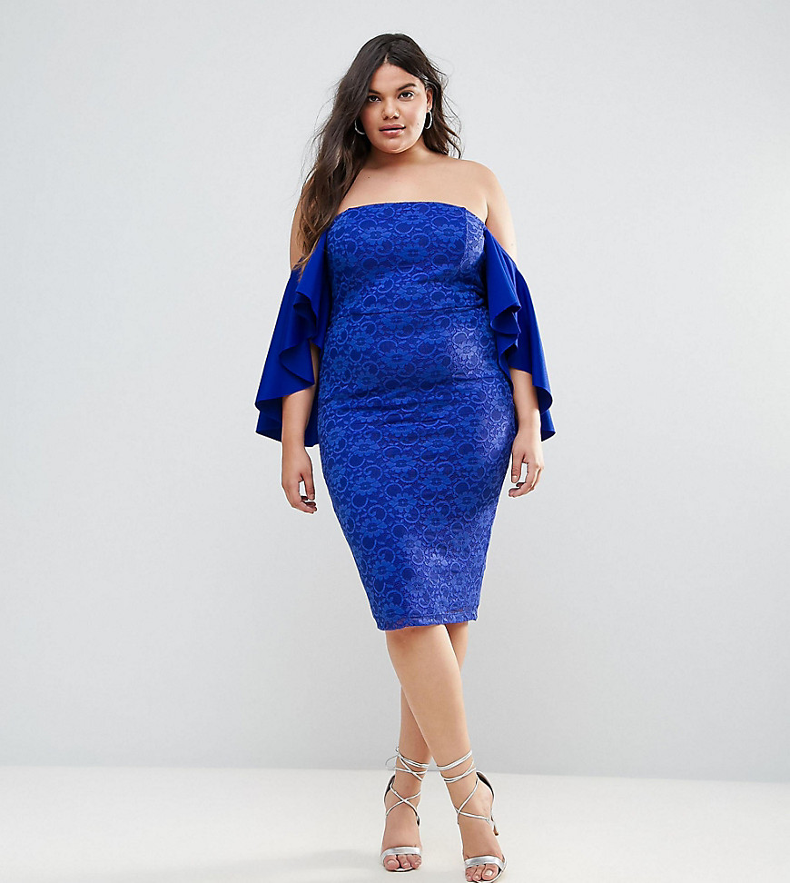 ASOS CURVE Lace Bardot Midi Dress With Extreme Sleeves-Blue