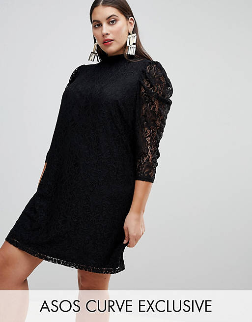 ASOS CURVE Lace Mini Dress With Puff Sleeves
