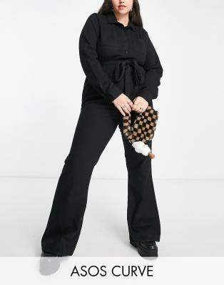 Asos Curve Long Sleeve Twill Jumpsuit With Collar In Black