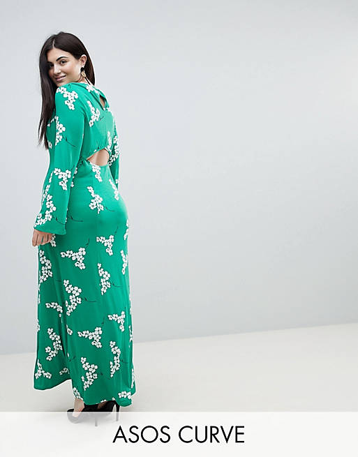 ASOS CURVE Maxi Tea Dress With Open Back in Green Floral