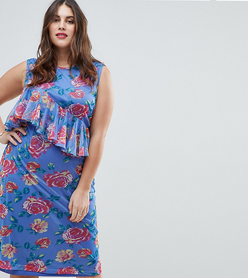 ASOS CURVE Mesh Midi Column Dress in Floral Print-Multi