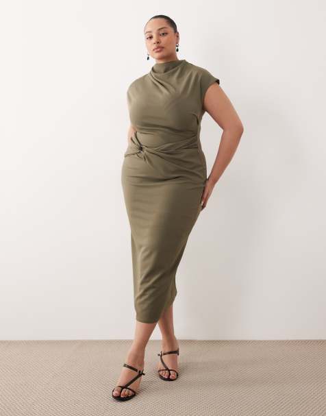 ASOS Curve – Midikleid in Khaki mit Besatz, Wickeloptik und Flügelärmeln - view 1