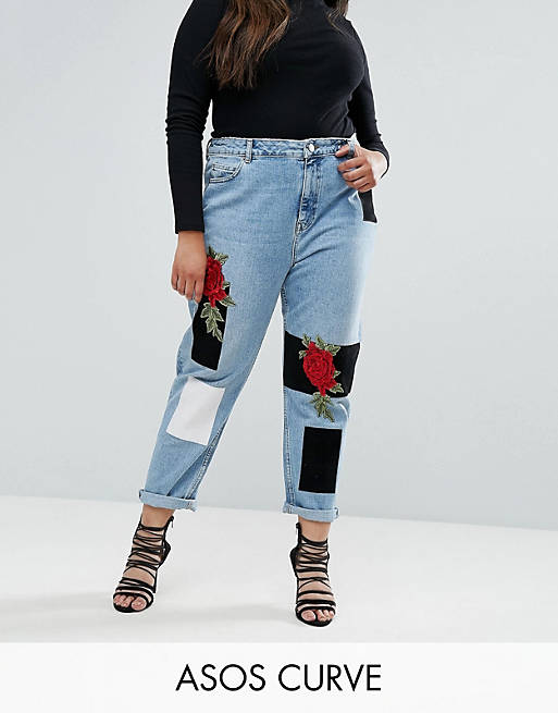 ASOS CURVE ORIGINAL MOM High Waist Slim Mom Jeans with 3D Embroidery and Velvet Detail in Lucinda Light Wash Blue