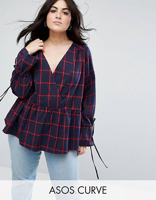ASOS CURVE Oversized Wrap Blouse With Dip Hem In Grid Checks